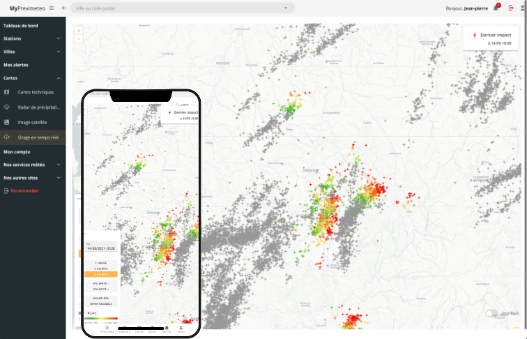 Copie écran interface météo orage en direct et impacts de foudre